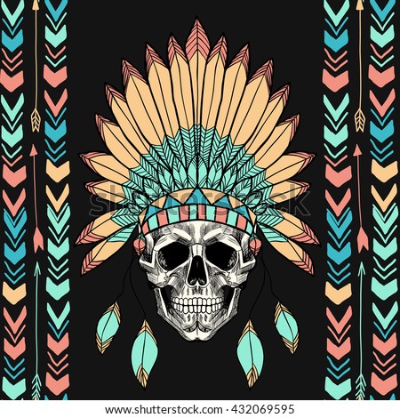 Skull with indian feather hat. Vector seamless pattern. 