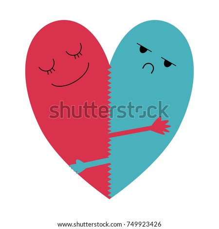 two halves of heart is cuddling each other as heart. one is happy pink and another one is unhappy blue. opposite and funny concept. vector illustration.