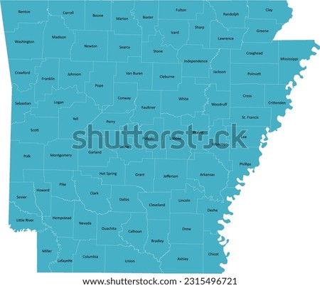 US Arkansas county map with 74 Counties’ Names and Boundaries, all text in one layer could be hidden.