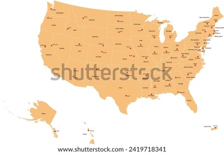 USA map with States'names and Capitals in Contiguous Albers Equal Area Conic Projection used by U.S. Geological Survey (USGS)