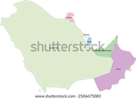 GCC-Gulf Cooperation Council map with 6 countries by colors