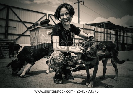 Similar – Image, Stock Photo Cheerful woman with mesh bag full of ripe groceries