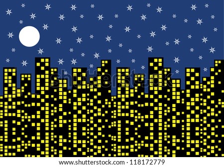 seasonal backdrop design with winter night in new york, falling snow, skyscrapers in silhouettes and full moon in the dark sky