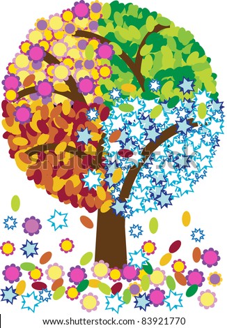 vector illustration of four seasons tree isolated on white background,spring,season,summer,autumn,fall,winter,creative computer graphic design