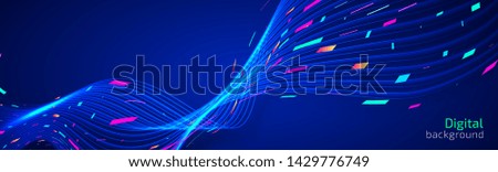 Abstract lines background with colorful particles. Dynamic motion sound waves. Digital geometric wallpaper design. Backdrop for website, presentation, poster, flyer. Vector illustration