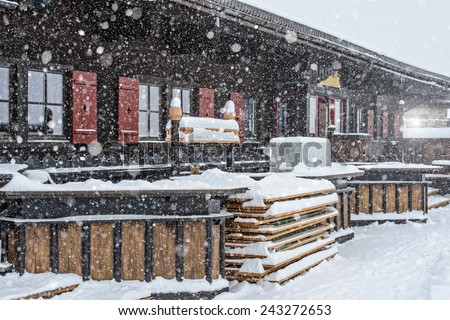 snow-covered restaurant in mountains