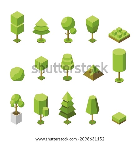 Vector set of tree isometric icons. Collection of natural botanical objects. 3d illustration of plants. The concept of depicting tree in the form of simple geometric 
shape. Plant for the park, garden