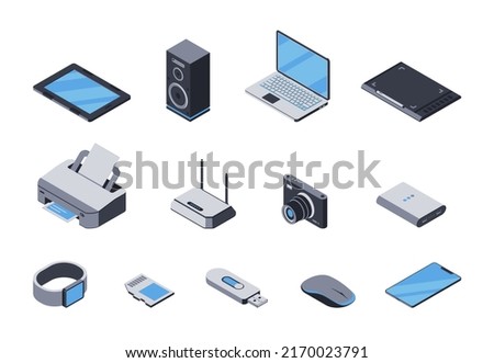 3d laptop, tablet, printer, router, camera, smartphone, powerbank and other portable electronics. Vector set of isometric icons of computer devices, gadgets. Collection of digital technology items
