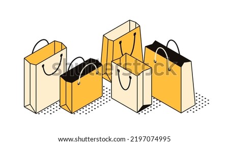 Vector isometric illustration, set of 3d icons of bags, gifts, colored packages with handles. Shopping packaging, objects for retail, shop, market, business