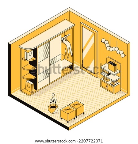 3d wardrobe, dressing room interior concept. Indoor environment, apartment template for home, hotel, real estate, building. Furniture in a storage room, closet. Vector linear isometric illustration