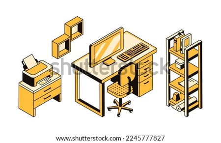 3d workspace, work desk with office equipment, workplace. Monitor, keyboard, printer, bookshelf rack. Digital technologies for work and study. Work area interior. Vector linear isometric illustration