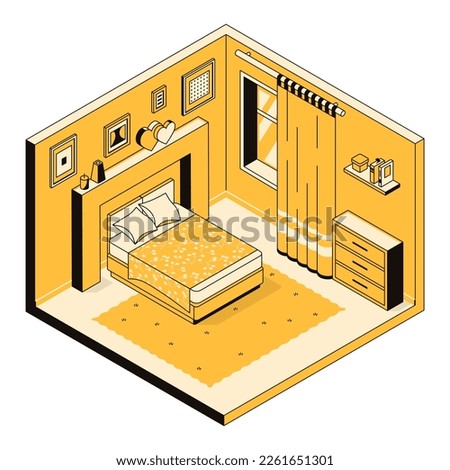 3d interior design bedroom, apartment, house, hotel room, hostel. Living room furniture plan. Cozy room with bed, window, chest of drawers, curtains and carpet. Vector outlined isometric illustration