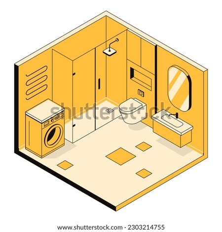 3d modern bathroom interior concept with shower cabin, arrangement of furniture and plumbing. Household items and appliances in the indoor environment. Vector linear isometric illustration, line art