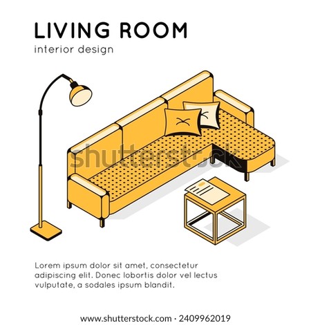 Living room interior design, vector linear isometric illustration. Template for room, home, hotel, real estate. Indoor environment, sofa, furniture. Interior advertising for website, social networks