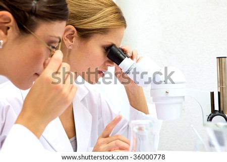 Two female scientists working together in a lab
