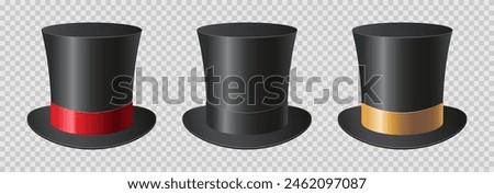 Set of top hat with black, gold and red silk ribbons.