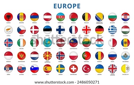 Round glossy buttons with flags of Europe countries.