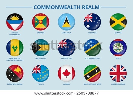 Round glossy buttons with flags of Commonwealth Realm member countries.