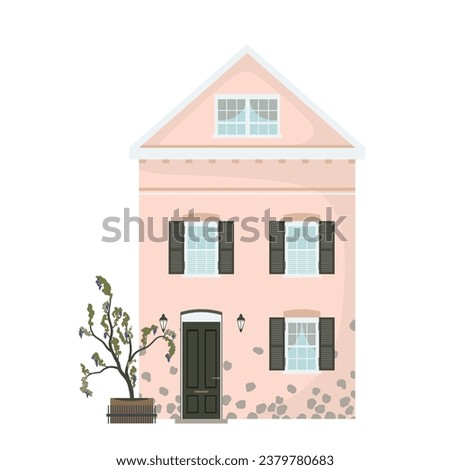Flat vector illustration of an old european house with a pink facade, windows with shutters, green vines and lanterns. Building exterior on isolated white background.	