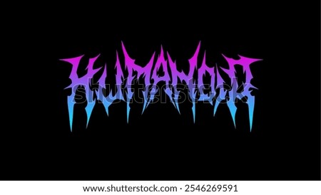 Humanoid, text typography design vector in a sharp, jagged metal inspired font. blue and white gradient text stands out against a dark background, for t-shirt print apparel