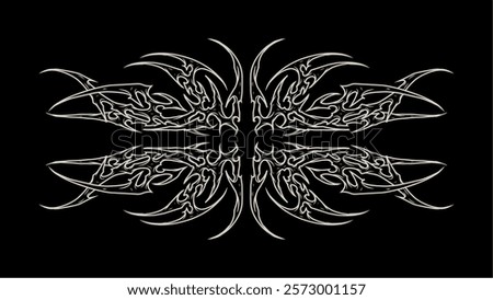 Symmetrical neo tribal sigilism decoration vector design featuring sharp ornamental cyber gothic tattoo in black and white