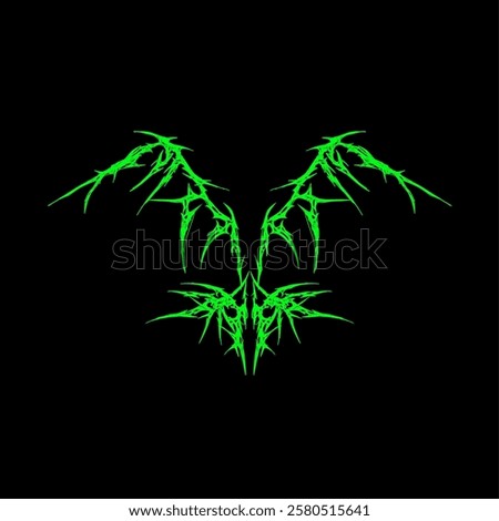 Symmetrical neon green tribal vector with sharp, thorn like edges. Ideal for tattoos, metal band logos, cyber gothic fashion, digital art, and underground aesthetics