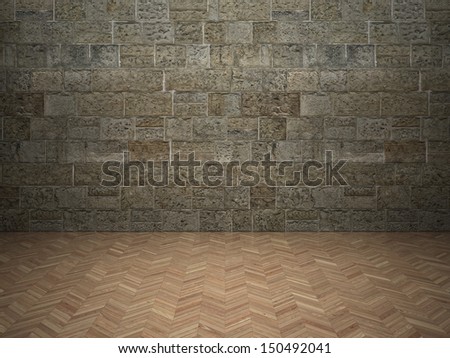 Textured background of brick wall and wooden laminate floor in building