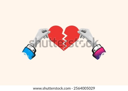 Breakup heart concept. Man and female holding two halves of broken heart on background. Creative concept for web banner, social media banner