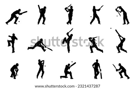 Cricket player silhouette, men's cricket batsman and male cricket player silhouette on white background.