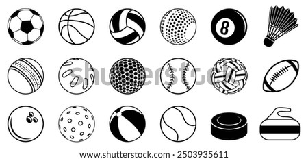 Sports ball outline silhouette vector set.