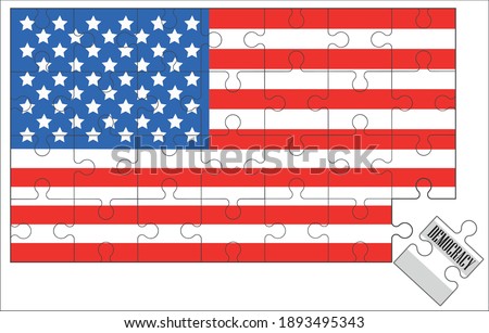 Vector illustration representing the loss of democracy in the United States of America after thee attack at Washington. American flag puzzle.