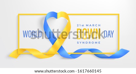 World Down syndrome  Day horizontal poster. Photo realistic blue, yellow ribbon and frame on light background. Vector Social poster 21 March is World Down Syndrome Day. Awareness ribbon.