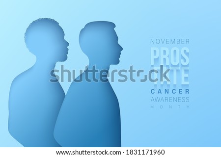 November prostate cancer awareness month. Paper cut black man and white man silhouettes on a blue backdrop. Men healthcare concept