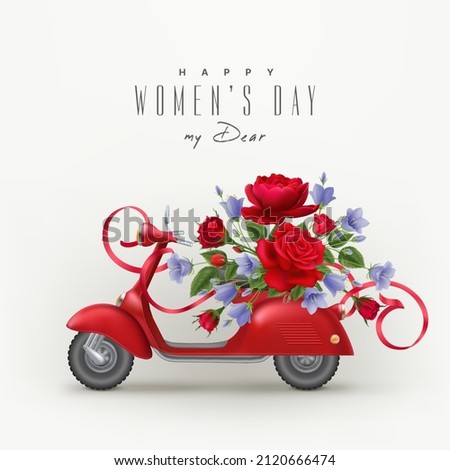 Beautiful red roses and lilac bells on a red toy scooter and a ribbon behind it. Text Happy Women's day my dear.