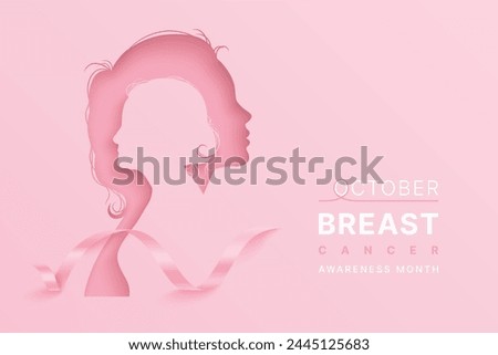 Breast cancer awareness concept with paper cut silhouettes of old and young woman. Vector horizontal poster with pink ribbon