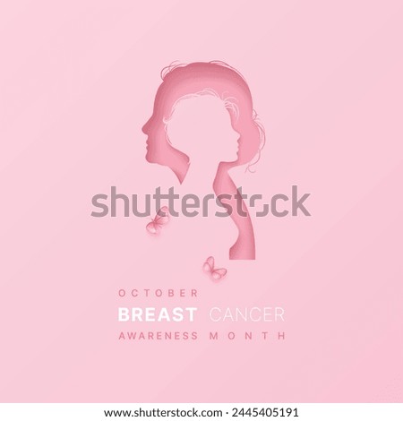 Breast cancer awareness concept with paper cut silhouettes of old and young woman on a pink backdrop with butterflies