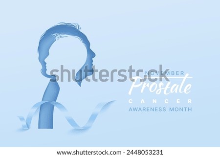 Prostate cancer awareness concept with paper cut silhouettes of old and young man. Vector horizontal poster with blue ribbon. Men healthcare concept