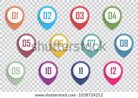 Number Bullet Point Colorful 3d Markers 1 to 12 Vector illustration.