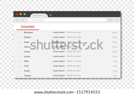 Incoming messages browser window frame template with shadow on a transparent background