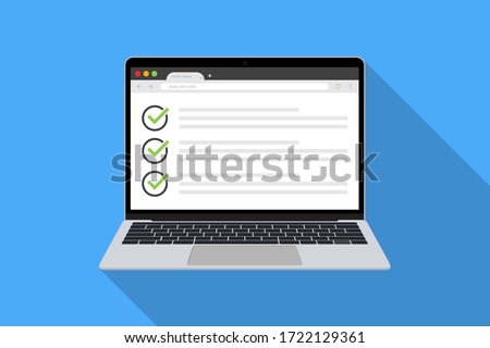 Laptop with checklist in browser page in a flat design with long shadow