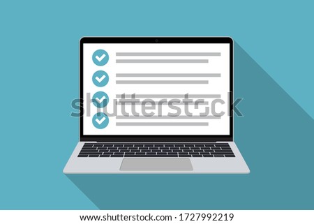 Laptop with checklist in a flat design with long shadow. List with checkboxes