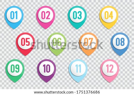 Set of number bullet point markers 1 to 12 with shadow