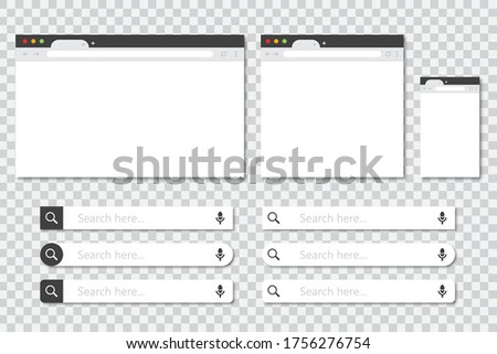 Set of browser windows in different sizes and search bar collection in a flat design with shadow. Mockup of browser window
