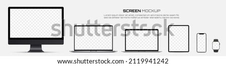 Screen mockup. Computer monitor, laptops, tablet, smartphone and smartwatch with blank screen for design