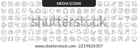Media icons collection in black. Icons big set for design. Vector linear icons