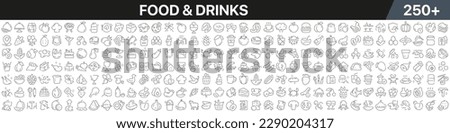 Food and drinks linear icons collection. Big set of more 250 thin line icons in black. Food and drinks black icons. Vector illustration