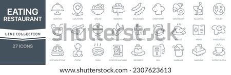 Eating and restaurant linear signed icon collection. Signed thin line icons collection. Set of eating and restaurant simple outline icons