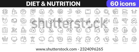 Diet and nutrition line icons collection. Sport, food, fitness, fruits, vegetables icons. UI icon set. Thin outline icons pack. Vector illustration EPS10