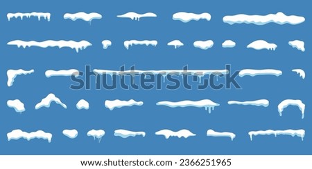 Cartoon snow caps. Set of snowy ice and frozen icicles in a flat design. Snowy Christmas decoration. Snow caps