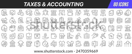 Taxes and accounting line icons collection. Big UI icon set in a flat design. Thin outline icons pack. Vector illustration EPS10